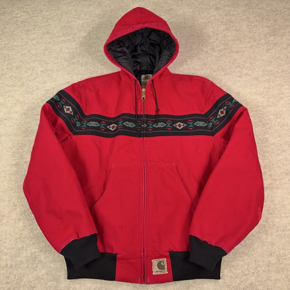 VTG Carhartt Aztec Canvas Hooded Jacket Coat Mens Large 90s J78RED Quilted Red